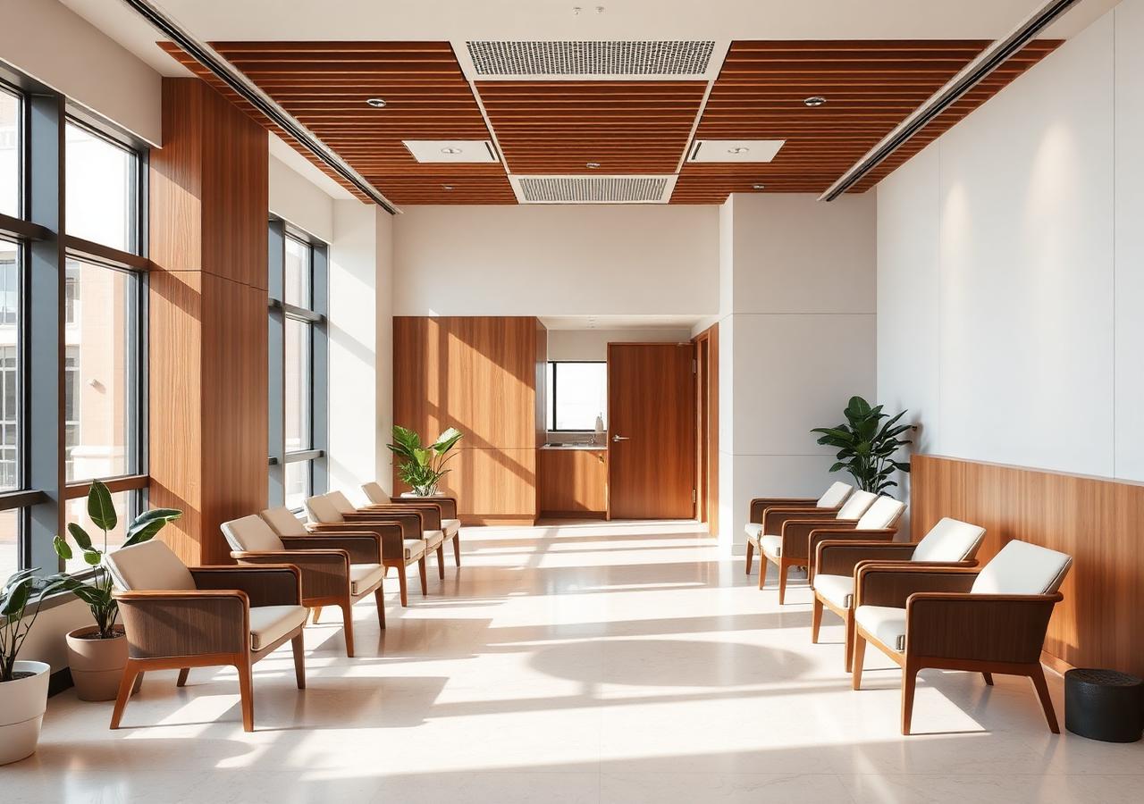 Sala de espera de clínica moderna e sofisticada, com iluminação natural e acabamento premium