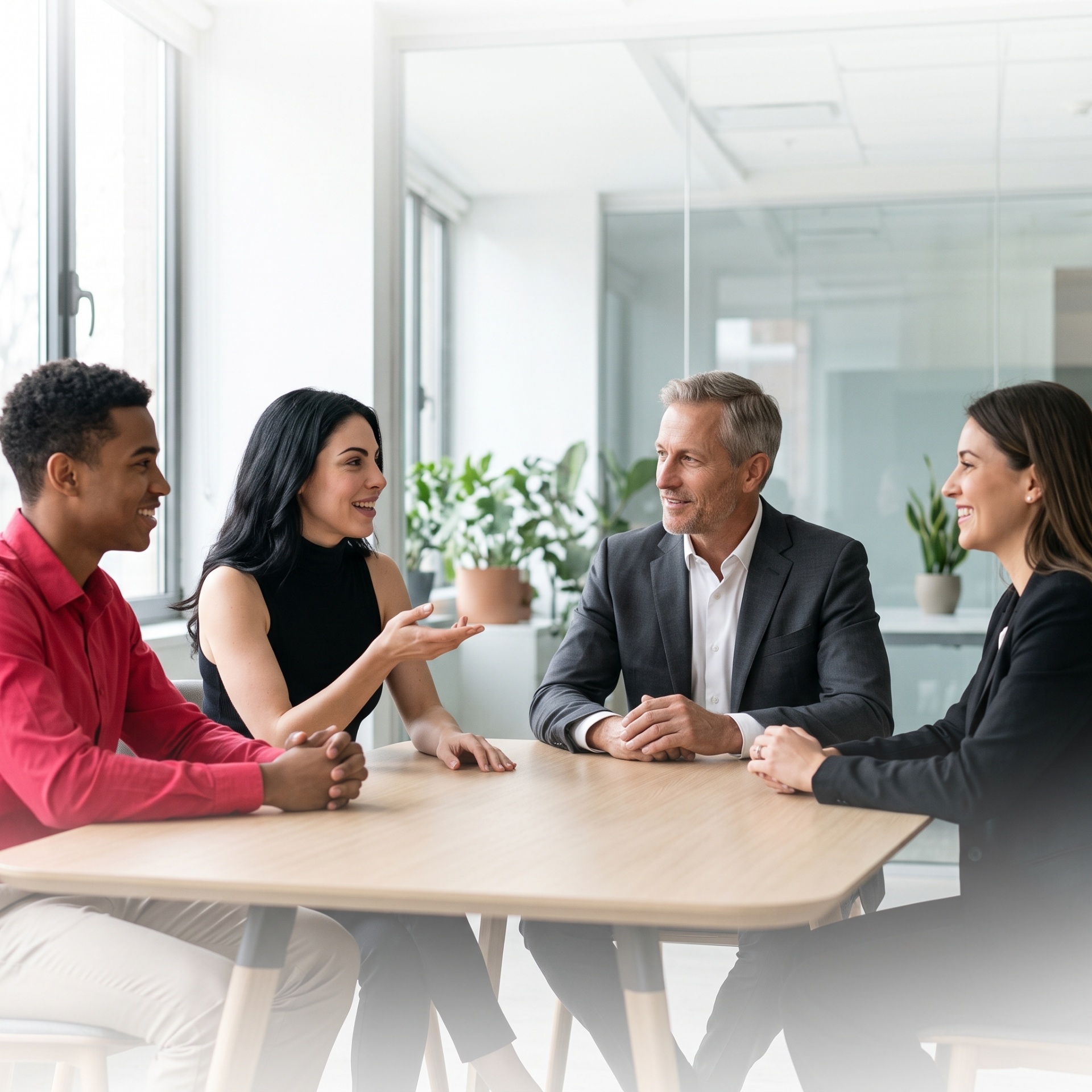 Equipe corporativa interagindo e sorrindo em ambiente de escritório