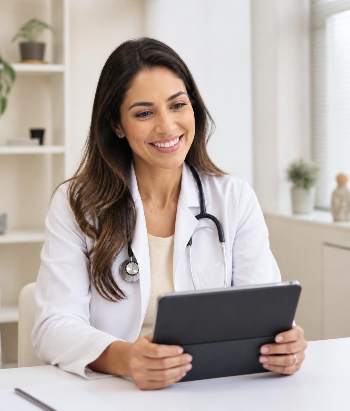 Médica sorrindo durante um atendimento por telemedicina com tablet