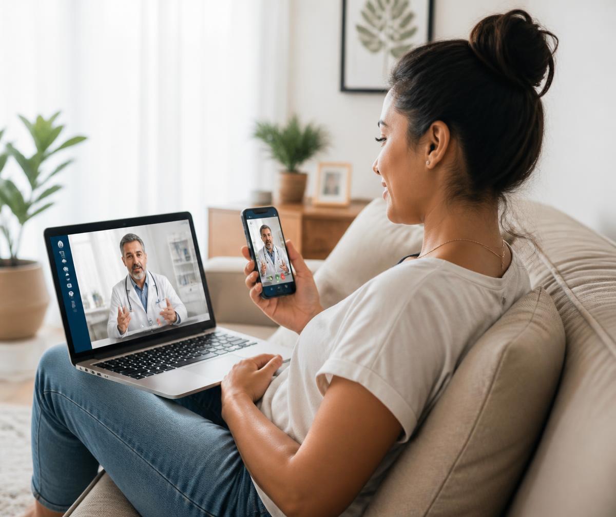 Pessoa em consulta por telemedicina usando notebook e celular em casa